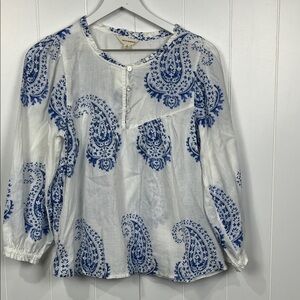 Lucky Brand Womens Top S Blue White Paisley Design Button Yoke 100% Cotton Sweet